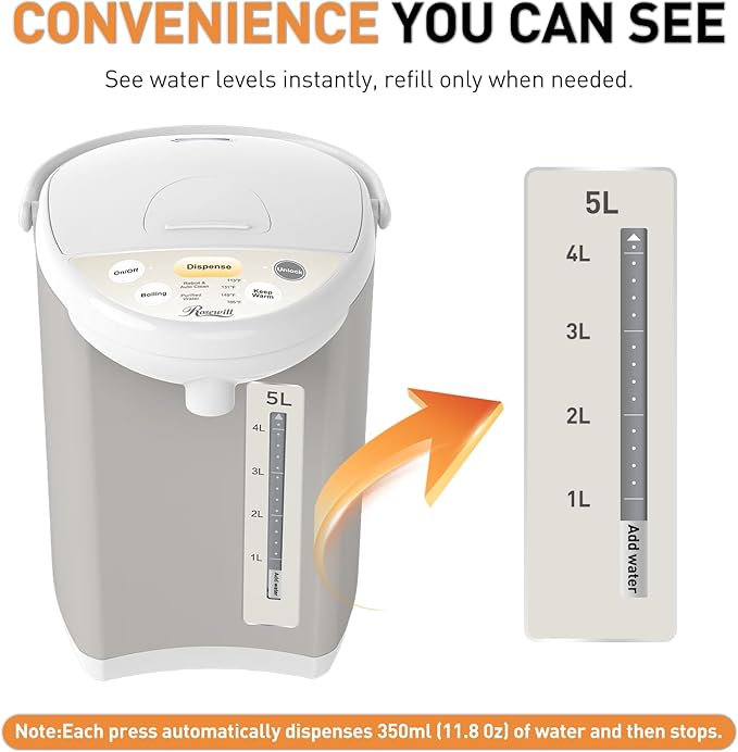 Rosewill Electric Water Boiler and Warmer - 5L/5.3 Qt Stainless Steel Hot Water Dispenser w/Rotating Base, Keep Warm Temperature Set, Auto Shut Off, Safety Lock, Instant Heating for Coffee & Tea