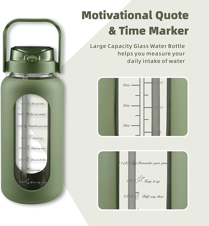 SIEROZUR 64 oz Glass Water Bottle with Straw and Handle Lid Half Gallon Motivational Glass Bottle with Silicone Sleeve and Time Marker Large Reusable Sports Water Jug for Gym Home Workout