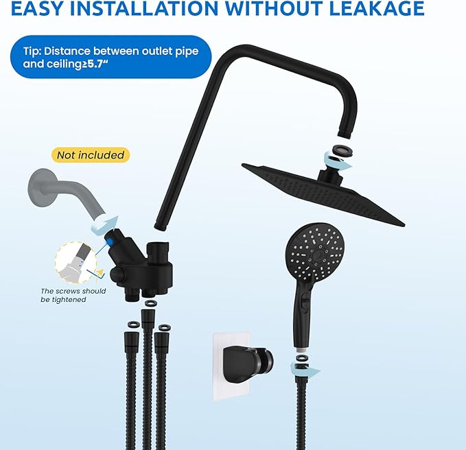 8" Dual Shower Head Combo, Rainfall Shower Head with Handheld, 6 Spray Settings Angle Adjustable Handheld Shower Head with Pause, Height Adjustable, Matte Black