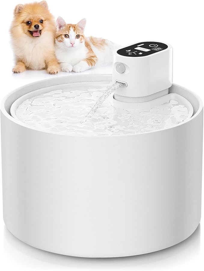 Automatic Ceramic Cat Water Fountain, 2.3L Cordless Pet Water Dispenser with Temperature & Water Level Display, 3 Drinking Modes,Ultra-Quiet Pump, for Cats, Dogs, Multiple Pets (White)