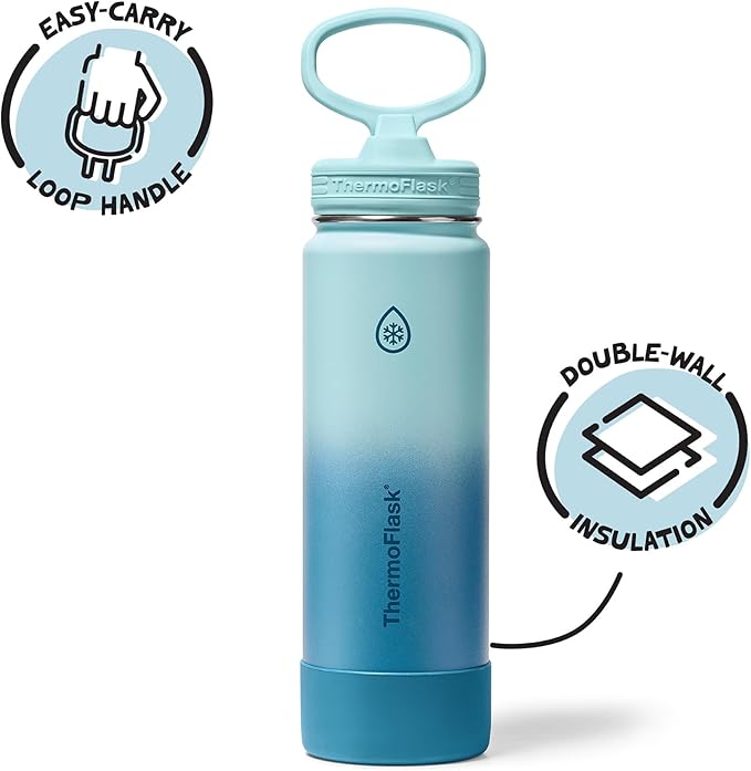 ThermoFlask 24 oz Double Wall Vacuum Insulated Stainless Steel Water Bottle with Straw Lid, Ocean Waves