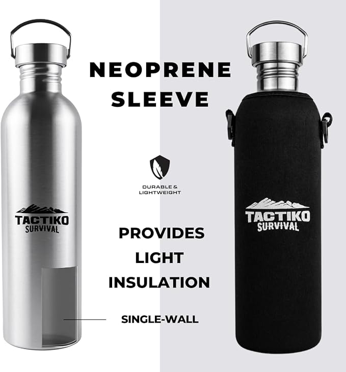 Tactiko Survival 51 oz/1500 ml Stainless Steel Wide Mouth Water Bottle, Single Wall Boil-Safe, Leakproof, BPA-Free with Carry Sleeve and Strap for Camping, Hiking, Outdoor Prep (Black)