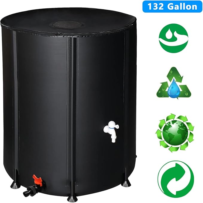 132 Gallon Collapsible Rain Barrel, Portable Water Storage Tank, Foldable Rainwater Collect System Downspout, Water Catcher Container with Filter, Spigots Overflow Kit (Black, 132 Gallon)
