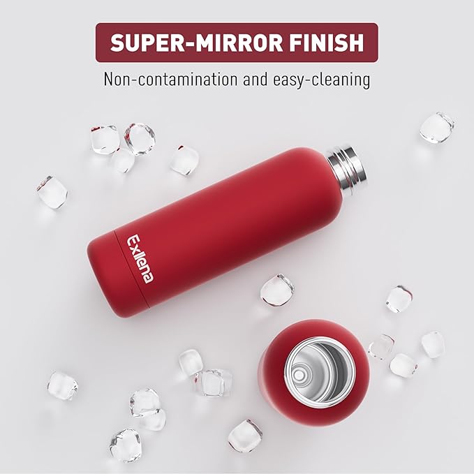 Exllena Slim Insulated Water Bottles for Travel 18oz with Clip, Double Wall Vacuum Stainless Steel Water Bottle Keeps Drinks Cold 24 Hrs/Hot 12 Hrs, 100% Leakproof, BPA Free（Red）