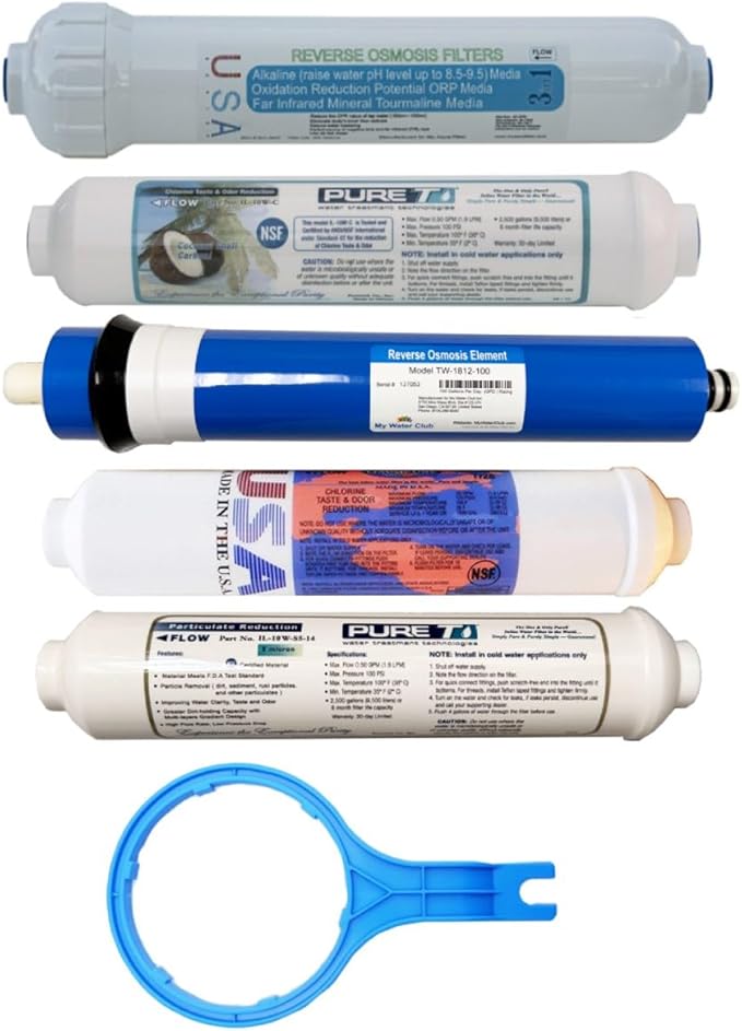5 Filter Set for 5-stage Alkaline MyWaterClub Countertop RO Systems, including Sediment, T28, 100 GPD RO membrane, T33 & 3-in-1 Alkaline inline filter cartridges