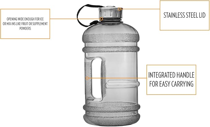 New Wave Enviro Iconic 2.2 Liter BPA Free Water Bottle with Stainless Steel Cap, Integrated Handle for Easy Carrying, Gym and Lifestyle Bottle, 2.2L Capacity, Charcoal