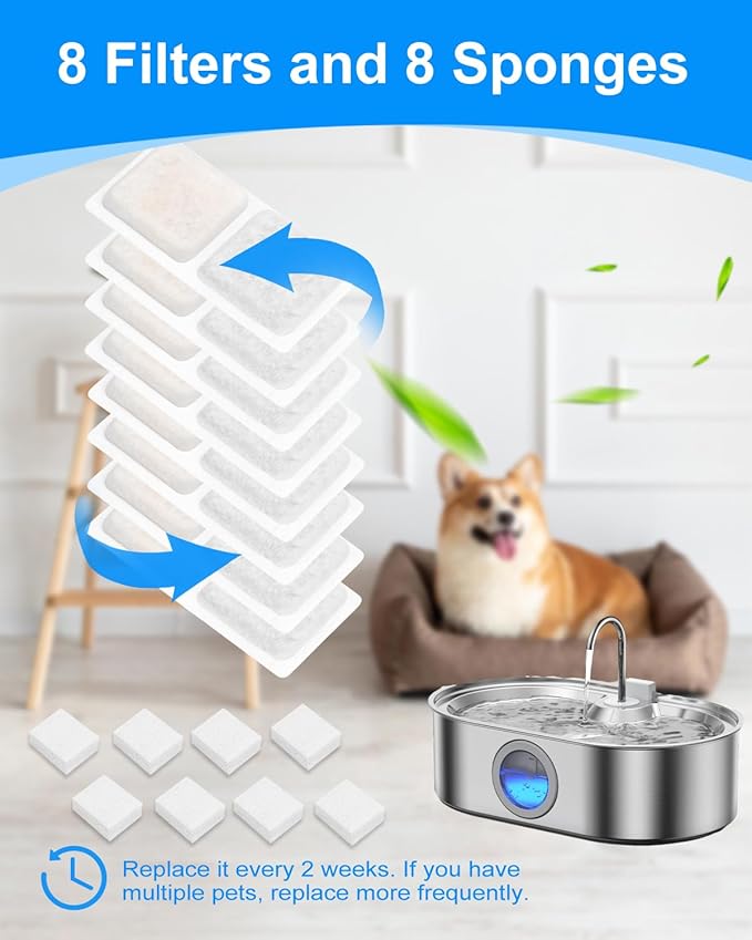 8+8 Pack Dog Water Fountain Filter for Large Dogs, Compatible with ECOCONUT 3.4Gal/13L Pet Fountains, Carbon Filters and Sponge for Pet Water Bowl, Stainless Steel Dog Fountain Filters