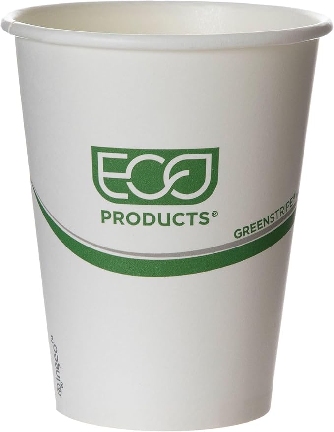 ECO PRODUCTS Compostable Disposable GreenStripe 12oz Coffee Cups, Case of 1000, White Single Wall Hot Paper Cup, Plant Based PLA Lining, Biodegradable