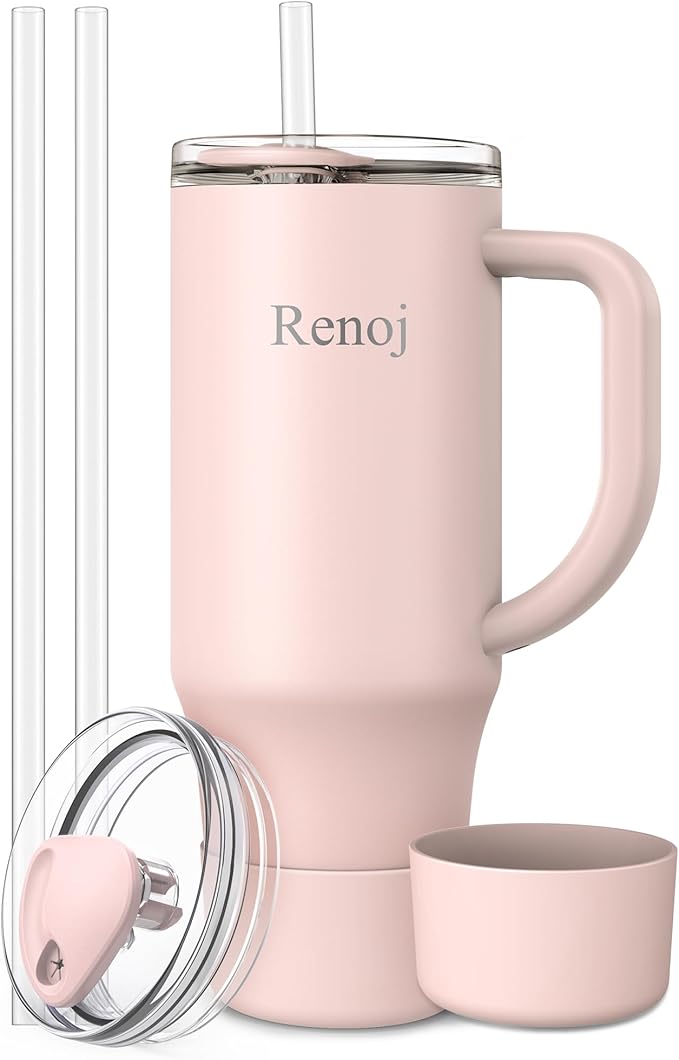 Renoj Tumbler with Handle 100% Spill Resistant Insulated Water Bottle for Iced Coffee & Hot Drinks - Fits Car Cup Holder, Ideal Gift, 2 Straws & Silicone Boot BPA-Free - FlexSlide Light Pink 40 oz