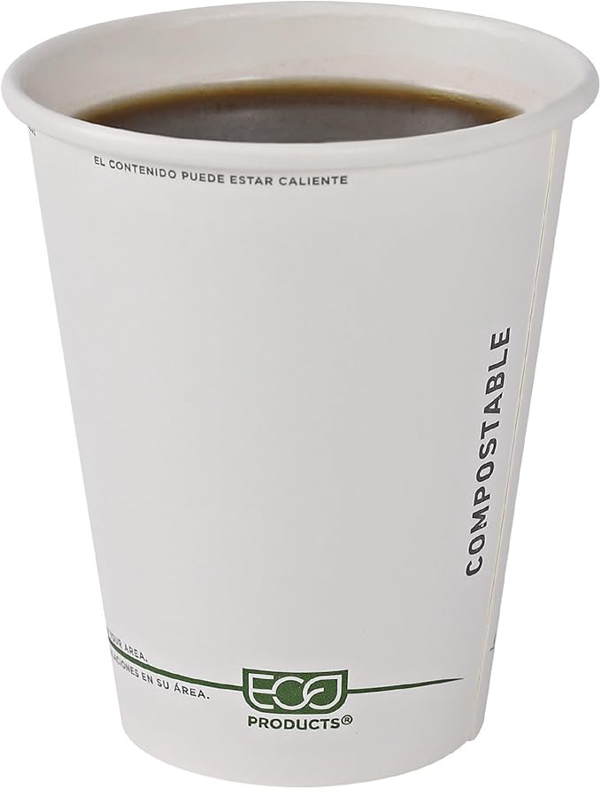 ECO PRODUCTS Compostable Disposable GreenStripe 8oz Coffee Cups, Case of 50, White Single Wall Hot Paper Cup, Plant Based PLA Lining, Biodegradable