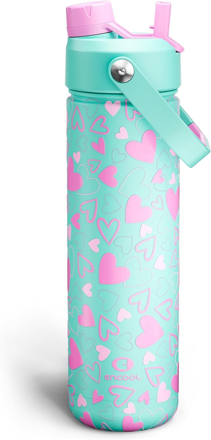 ENCOOL Valentine's Day Insulated Water Bottle with Straw Stainless Steel Water Bottle, Leak-Proof, BPA-Free, Keeps Cold for 24 Hours for Sports, Travel, School (26 oz, Sweet Hearts Violet x Mint)