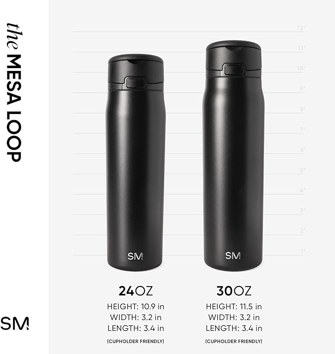 Simple Modern Mesa Loop Water Bottle with Covered Straw and Handle | 24oz Cup Holder Friendly Insulated Stainless Steel Bottles for Travel, Sports and School | Midnight Black