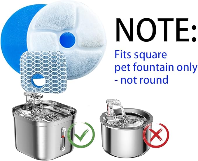 Stainless Steel Square Cat Water Fountain Filters 6 Pack - Triple Filtration System, Activated Carbon Filters for 73oz/2.2L Automatic Pet Fountain