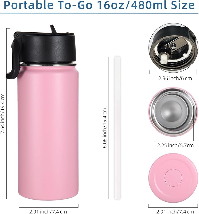 Volhoply 16 OZ Kids Water Bottle Bulk 8 Pack,Insulated Sports Bottles with Straw Lid,Stainless Steel Bottle with Handle Keep Cold & Hot,Double Wall Vacuum Tumbler Cups for School,Girls(Pink, 8)