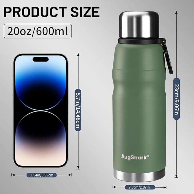 20oz Stainless Steel Insulated Water Bottle Travel Coffee Cup with Lid Leak Proof Metal Water Bottle for Hot and Cold Drink Water Flask(Green)