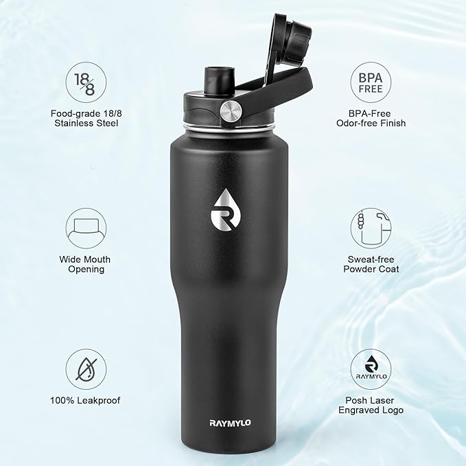 32 oz Insulated Water Bottle with Straw fit in Car Cup Holder, Triple Wall Vacuum Stainless Steel(Cold 48 hrs, Hot 24 hrs), Leakproof & Non-BPA, Hydro Travel Flask with Straw and Spout Lid