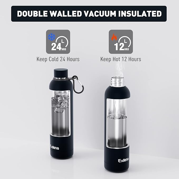 Exllena Slim Insulated Water Bottles for Travel 25oz with Clip, Double Wall Vacuum Stainless Steel Water Bottle Keeps Drinks Cold 24 Hrs/Hot 12 Hrs, 100% Leakproof, BPA Free(Black)
