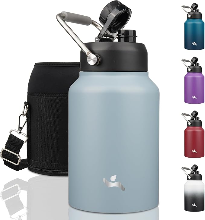 Half Gallon Jug with Handle,64 oz Insulated Water Bottle with Carrying Pouch,Double Wall Vacuum Stainless Steel Metal Bottle,Storm Blue