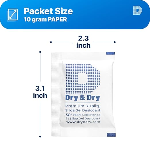 Dry & Dry 10 Gram [50 Packets] Silica Gel Packets Silica Gel Desiccants, Silica Gel Packs - Rechargeable (Food Safe) Silica Gel Packets, Silica Packets