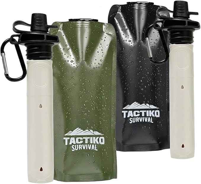 2-Pack Tactiko Survival 20oz/600ml Filtered Water Bottle Kit - Purify 265 Gal. Water from Rivers, Lakes & Streams - SGS Certified - UF Membrane, Activated Carbon - Camping, Emergency (Green/Black)