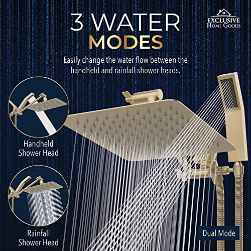 All Metal Shower Head 8" Dual Square Shower Head With Handheld Wand 71in Hose Set