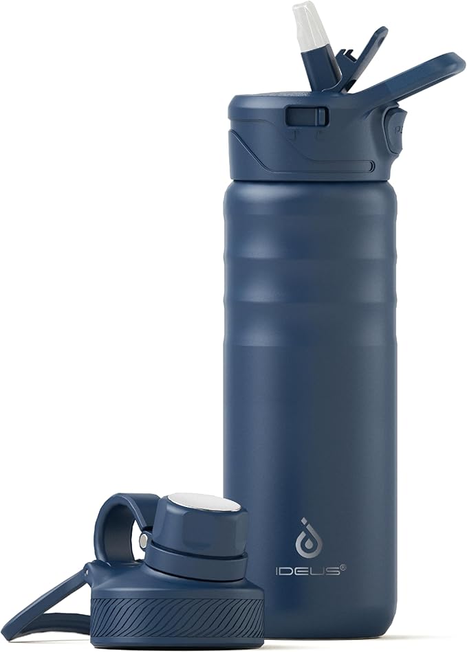 IDEUS Insulated Stainless Steel Water Bottle with 2 Leak-Proof Lids, Thermal Water Flask for Hiking Biking, 24oz, Navy Blue