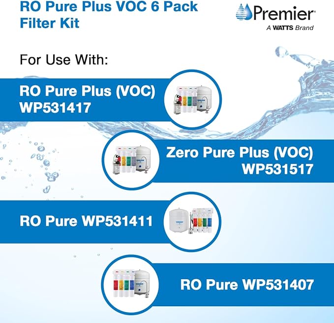 Watts Premier Annual RO Pure Plus 6-Pack Filtration Kit for Zero/Pure Plus Reverse Osmosis System, Push Button Water Filter Replacement, 2 Sediment Filters, 2 Carbon Pre-Filters, VOC, Membrane