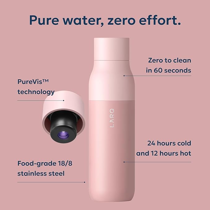 LARQ Bottle PureVis 17 oz - Self-Cleaning and Insulated Stainless Steel Water Bottle with UV Water Purifier and Award-winning Design | Reusable & Travel Friendly, Himalayan Pink