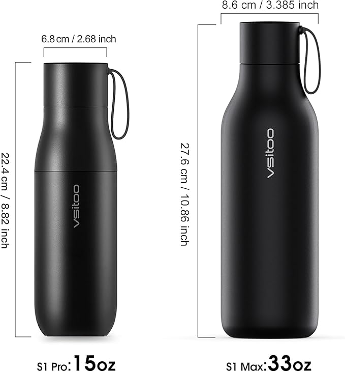 VSITOO 15oz Smart Self Cleaning Water Bottle，Insulated Water Bottle with Stainless Steel, BPA-Free, AI Self-Clean, 30-Day Battery, Magnetic Charging for Travel, Gym or Office, Black
