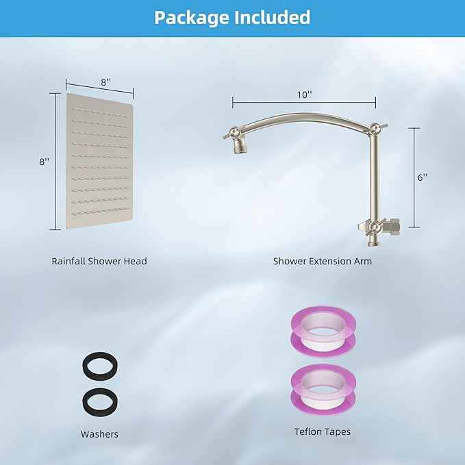Hibbent All Metal Rain Shower Head, 8'' High Pressure Rainfall Square Showerhead with 16" Shower Extension Arm, Solid Brass Adjustable Shower Arm Extender, Waterfall fixed Showerheads, Brushed Nickel