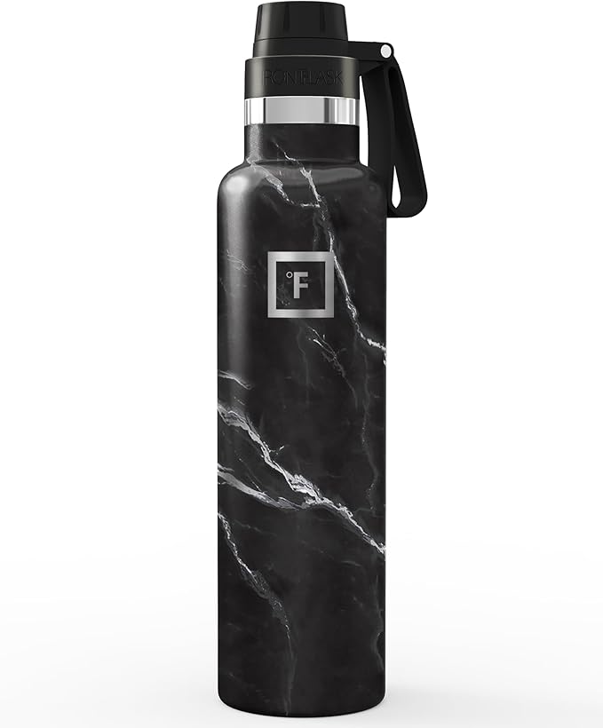 IRON °FLASK Camping & Hiking Hydration Flask with Spout, Narrow Mouth Insulated Stainless Steel Sports Water Bottle - Black Marquina 24 oz - Spout (1 Lid)