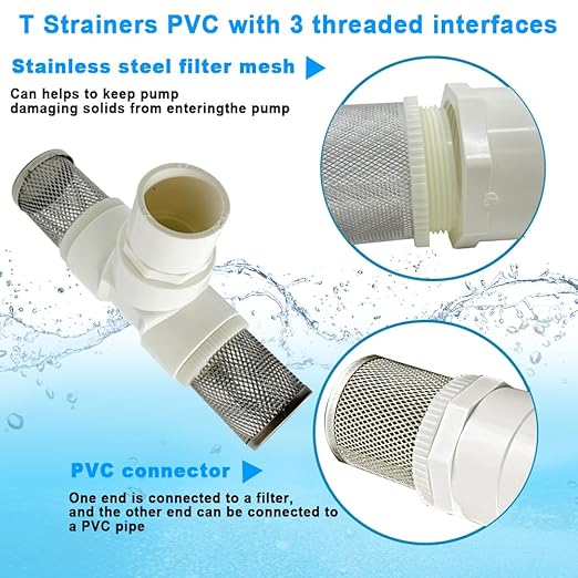 3/4" T Strainers Steel Filter Cover Connected to 3/4" PVC DN20 Water Pipe, Suction Hose T Strainer Used to Remove Debris and Reduce Solid Entry