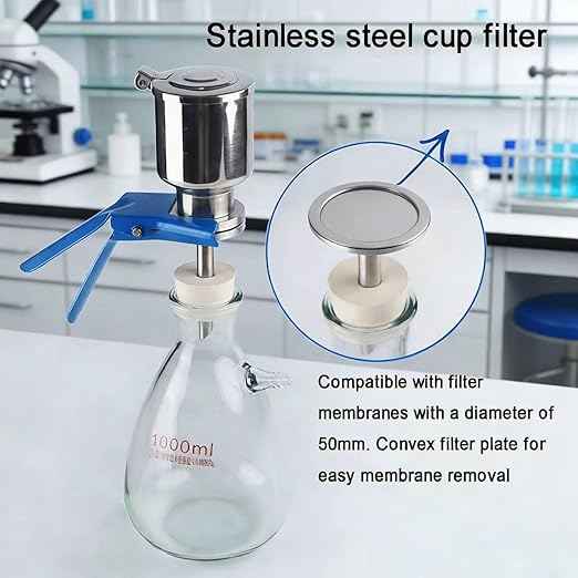 Glass Filtration Apparatus – Stainless Steel Filter Cup Vacuum Filtration Kit with 1000ml Flask and Funnel, 50mm Filter Membrane for Lab Use