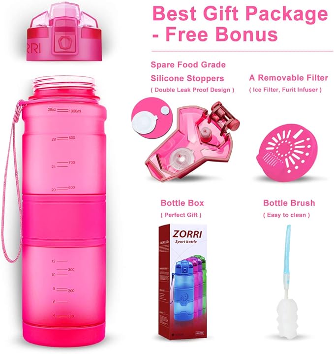 ZORRI Sports Water Bottle, 400/500/700ml/1L, BPA Free Leak Proof Tritan Lightweight Bottles for Outdoors,Camping,Cycling,Fitness,Gym,Yoga- Kids/Adults Drink Bottles with Filter, Lockable Pop Open Lid
