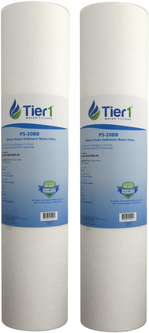 Tier1 5 Micron 20x4.5 Water Filter | Spun Wound Polypropylene Whole House Sediment Pre-Filter Cartridge | Replacement for Pentek DGD-5005-20, SDC-45-2005 | 4.5 x 20 Water Filter Cartridge (2-Pack)