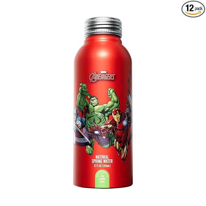 PULSE Marvel Avengers Natural Spring Water - Disney Bottles - Filtered Spring Water - BPA-Free Aluminum Recyclable Bottles - 12 Pack