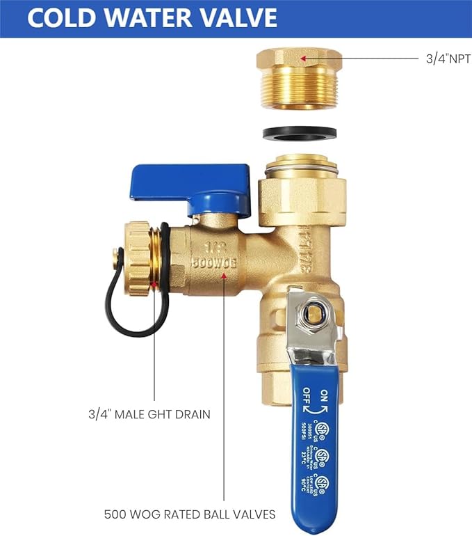 Long Term 3/4 Inch IPS Isolator Tankless Water Heater Service Valve Kit, with Pressure Relief Valve, Clean Brass Construction, PTFE Thread Tape