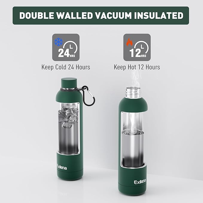 Exllena Slim Insulated Water Bottles for Travel 32oz with Clip, Double Wall Vacuum Stainless Steel Water Bottle Keeps Drinks Cold 24 Hrs/Hot 12 Hrs, 100% Leakproof, BPA Free(Emerald Green)