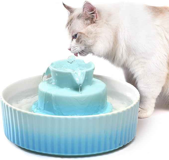 360 Ceramic Pet Fountain, Advanced Porcelain Cat Water Fountain, 70 oz.Drinking Fountains Bowl for Cat and Dogs with Replacement Filters and Foam (Green Blue)