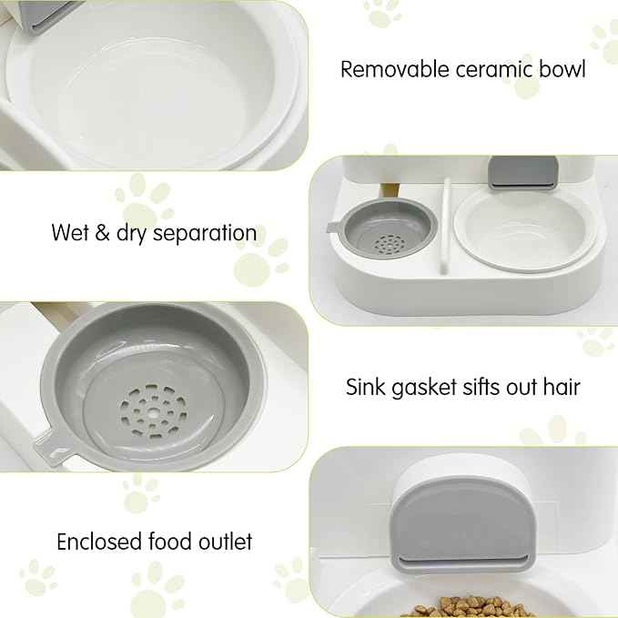 Fhiny Gravity Cat Feeder and Water Dispenser, 2 in 1 Gravity Feeder Dry Food & Waterer with Removable Ceramic Bowl, Self Feeding Station for Indoor Cats, Kittens, Puppies - Easy Clean (Grey)