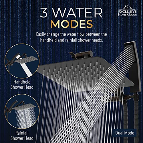All Metal Shower Head 8" Dual Square Shower Head With Handheld Wand 71in Hose Set