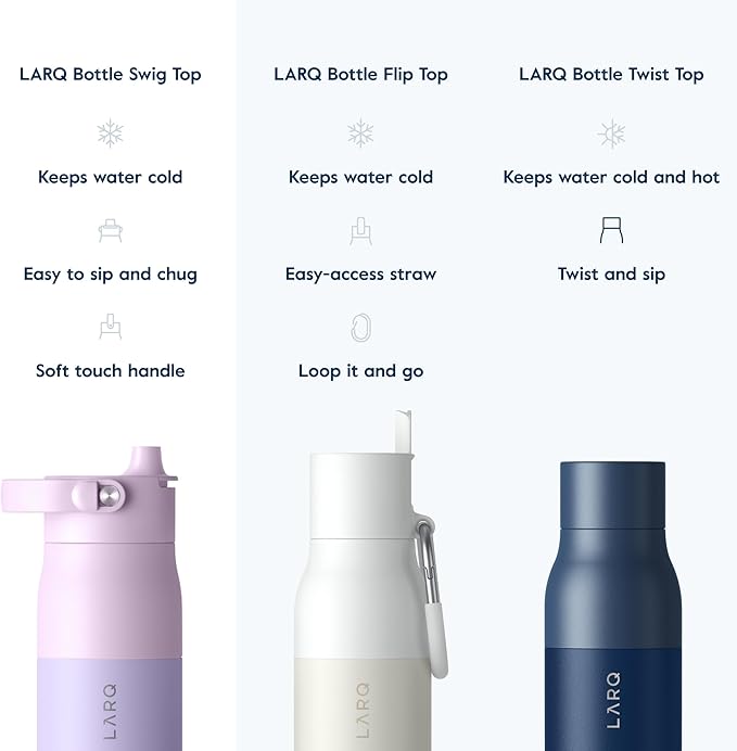 LARQ Bottle Swig Top 23oz - Insulated Stainless Steel Water Bottle With Built-In Silicone Handle | BPA Free | Reusable Water Bottle for Sports, Gym, and Travel, Luberon Lavender