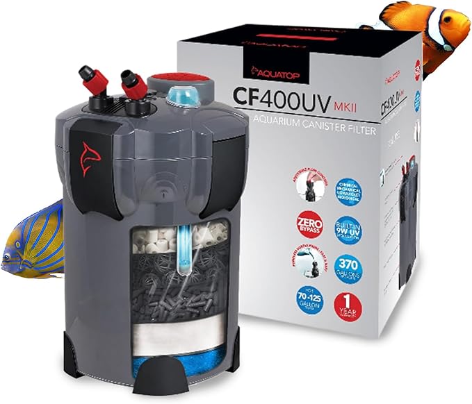 Aquatop 4-Stage Canister Filter with Vortex Prime, 9W UV, 370GPH Flow Rate, 35W Power, Up to 125 Gal – Including All Filtration Media, Great for Salt & Freshwater Tanks, UV for Crystal Clear Water