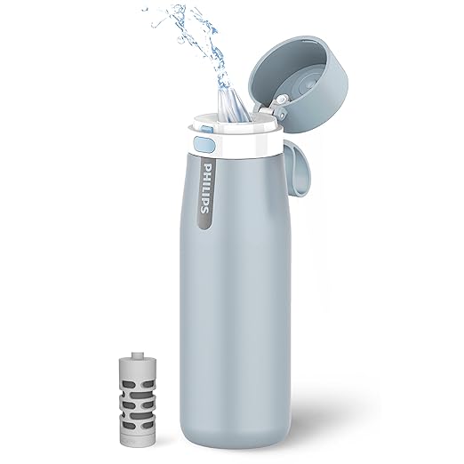 PHILIPS Water Bottle with Filter, Filter Water Bottle Stainless Steel with GoZero Everyday BPA-Free Tap Water Filter, Water Filter Bottle Keep Drink Cold 24 Hours, 1 Filter for 40 gal / 2 Months