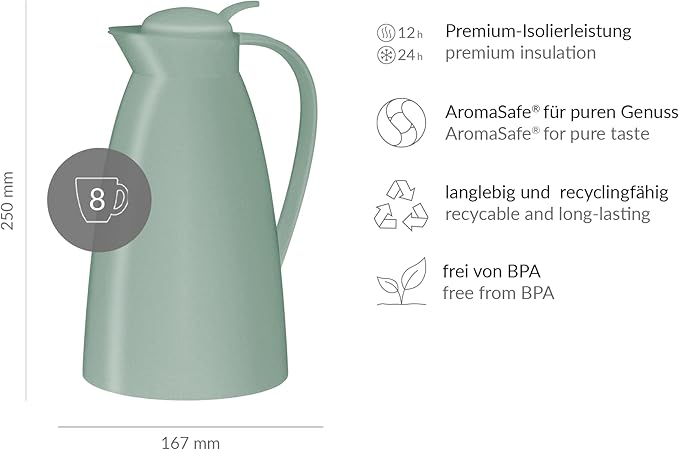 alfi Eco 1.0 L, mint green, insulated jug with hygienic tempered glass insert made of plastic, screw cap with comfortable push button, pouring with one hand, ideal as a coffee pot, teapot, BPA-free