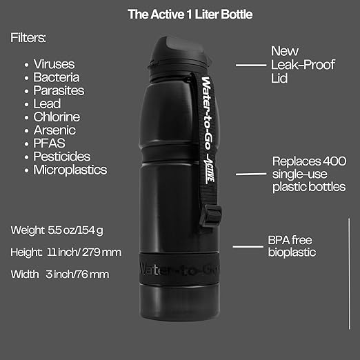 Water-to-Go Water Filter Bottle for Hiking Camping and Survival - One Liter Water Purifier Bottle for Safe Water Anywhere - Eco-Friendly Bioplastic, New Leak-Proof Lid, Filters Viruses