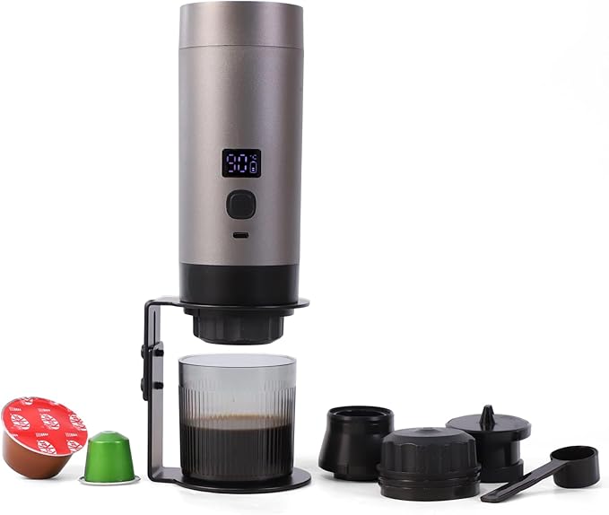 Wireless Mini Espresso Machine; Portable Coffee Maker for Travel/Camping/Office; 3-in-1 Single Serve Coffee Maker; Compatible with Capsules&Ground Coffee; Gifts for Espresso Lovers (Silver)