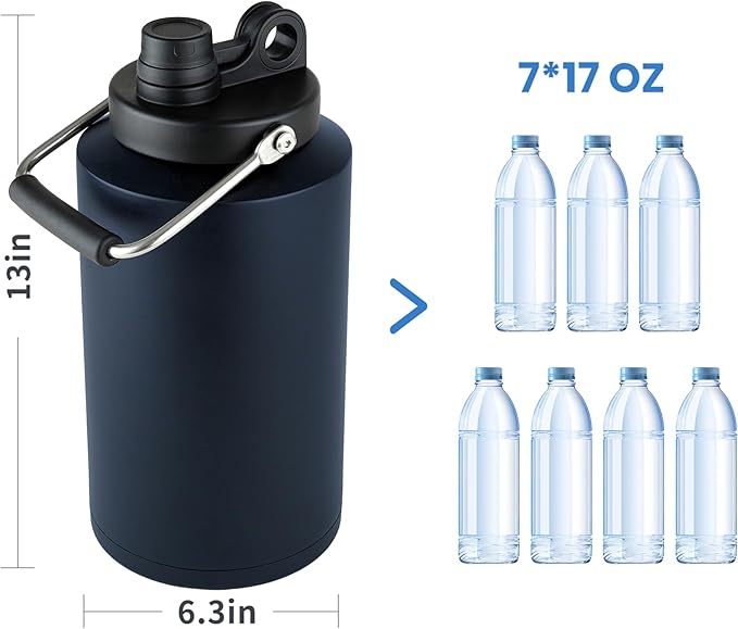 1 Gallon Water Bottle Insulated with Straw Stainless Steel Keeps Ice 48Hr, Large Water Gallon Jug Wide Mouth Leakproof Vacuum for Gym, Camping, & Construction Navy Blue