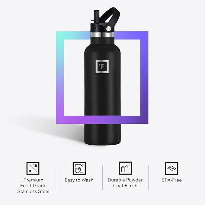IRON °FLASK Camping & Hiking Hydration Flask with Straw, BPA-Free Insulated Stainless Steel Sports Water Bottle - 32 oz Black Marquina