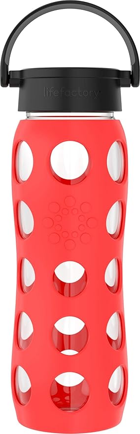 Lifefactory 22-Ounce BPA-Free Glass Water Bottle with Classic Cap and Protective Silicone Sleeve, Poppy